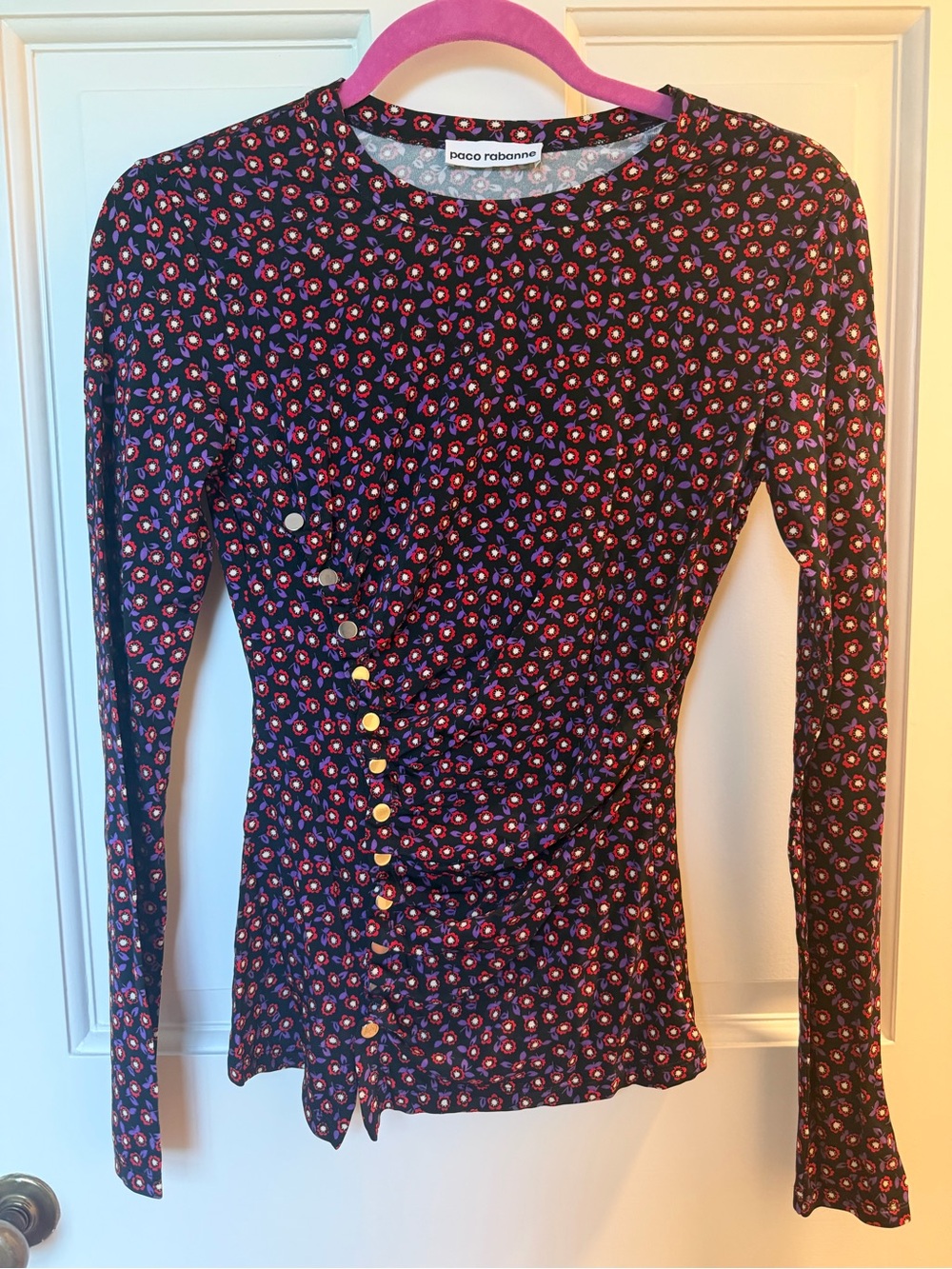 Paco Rabanne Black & Pink Long-Sleeve Ruched Button Top size 36
